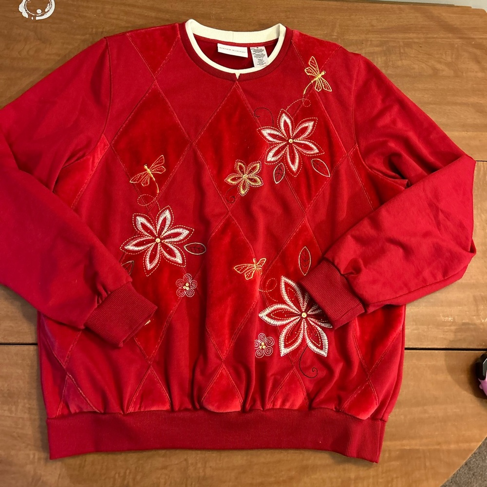 Vintage Alfred Dunner red Christmas beaded flower pullover women’s size medium